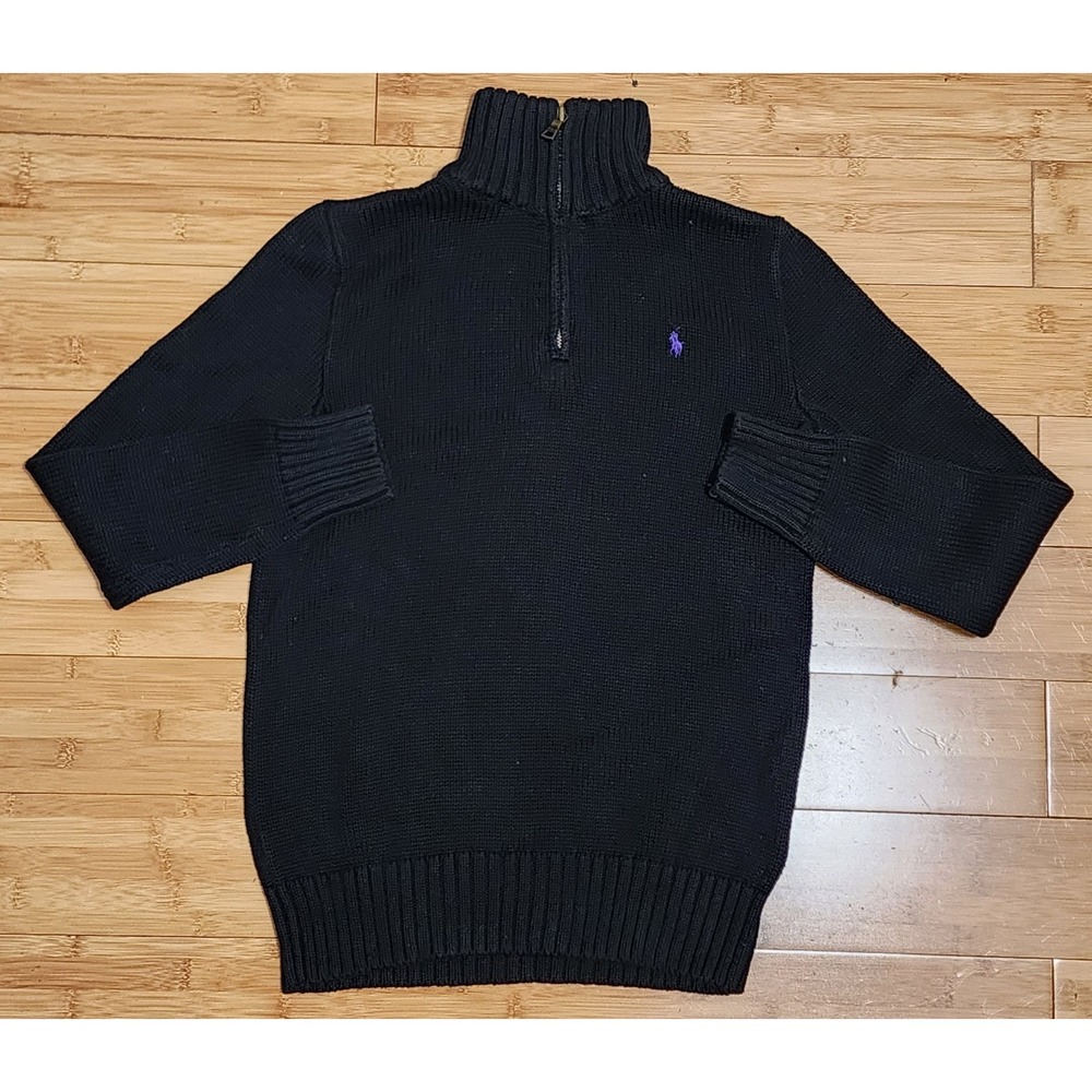 Polo Ralph Lauren Sweater Boy Medium 10-12 Black 1/4 Zip Mock Purple Pony Preppy